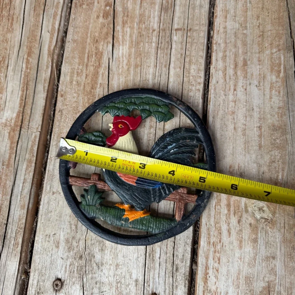 Vtg Painted Cast Iron Rooster Trivet Farmhouse Kitchen Wall Decor 5.5